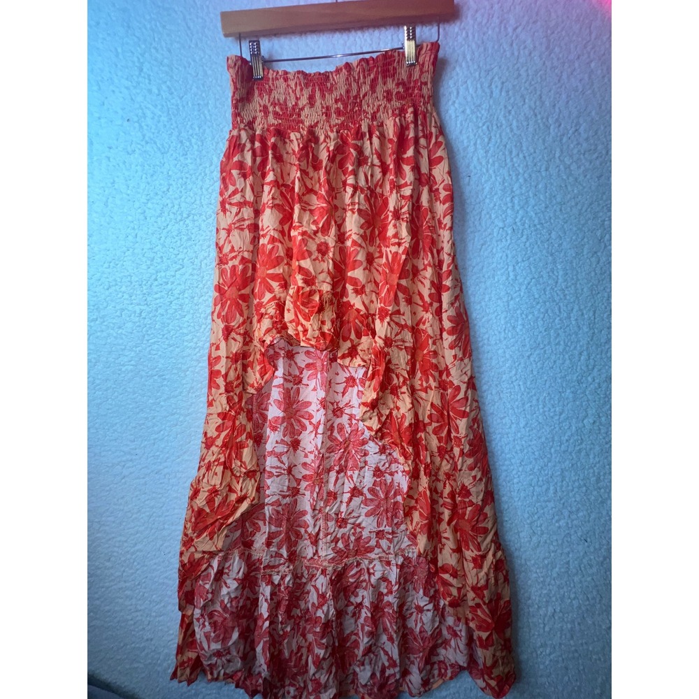 Micas Orange Red Floral Smocked High Low Maxi Skirt Womens Large NWT Boho Summer